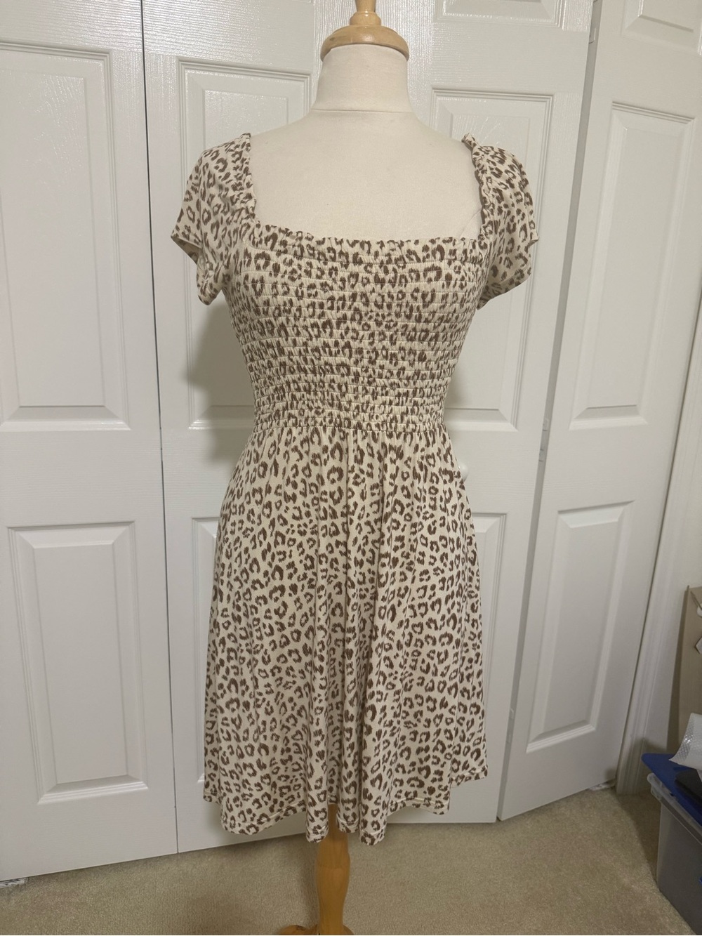 GAP Beige Leopard Square-Neck Smocked Mini Dress